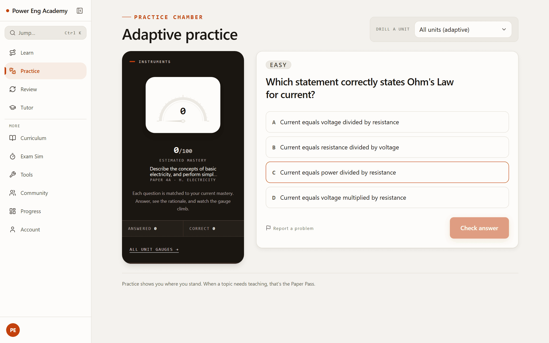 The practice chamber — an adaptive question beside your live mastery gauge